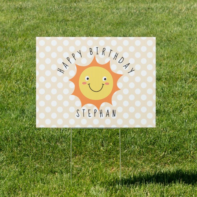 Smiling Cartoon Sun Gold Happy Birthday Sign (Insitu)