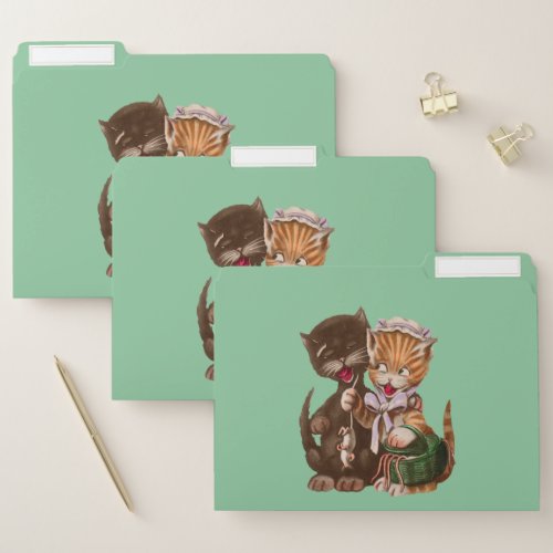 Smiling Cat Couple Sharing Rats in Basket Green File Folder