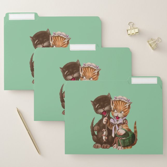 Smiling Cat Couple Sharing Rats in Basket Green File Folder (Set)
