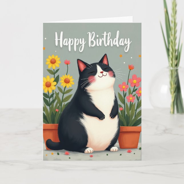 Smiling Cat Floral Birthday Card (Front)