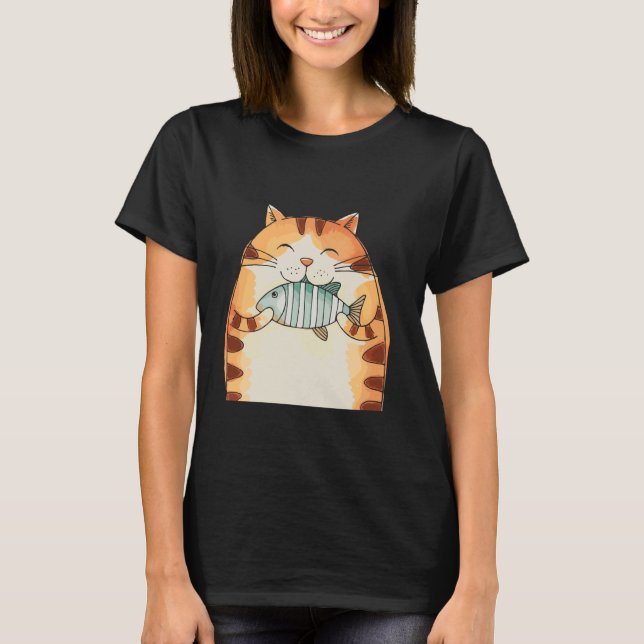 Smiling Cat Hugging Fish Fun T-Shirt (Front)