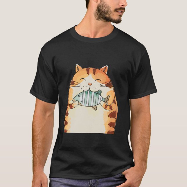 Smiling Cat Hugging Fish Fun T-Shirt (Front)