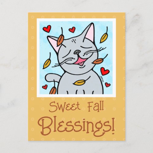 Smiling Cat In Autumn Leaves Fall Blessings Postcard