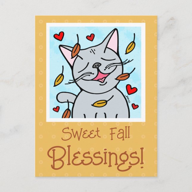 Smiling Cat In Autumn Leaves Fall Blessings Postcard (Front)