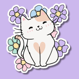 Smiling Cat with Flowers Waterproof  Sticker