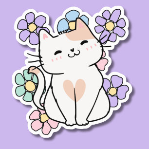 Smiling Cat with Flowers Waterproof Sticker