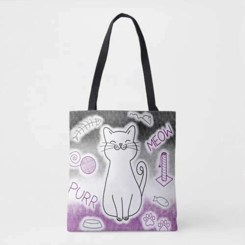 Smiling Cat with Toys Black Gray Purple White Tote Bag