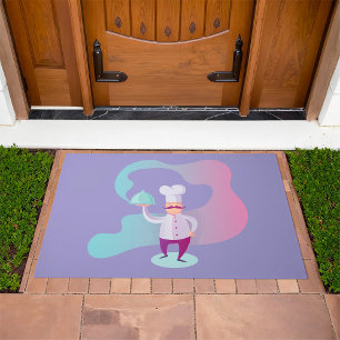 Smiling Chef with Mustache and Serving Tray Doormat