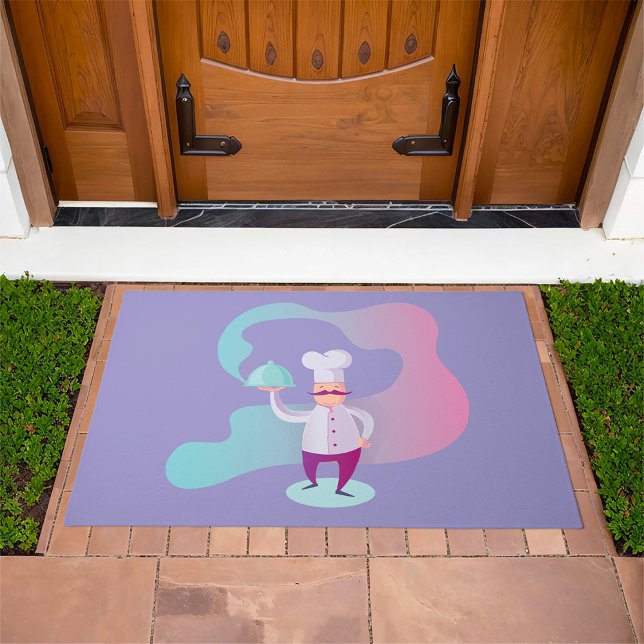 Smiling Chef with Mustache and Serving Tray  Doormat (Creator Uploaded)