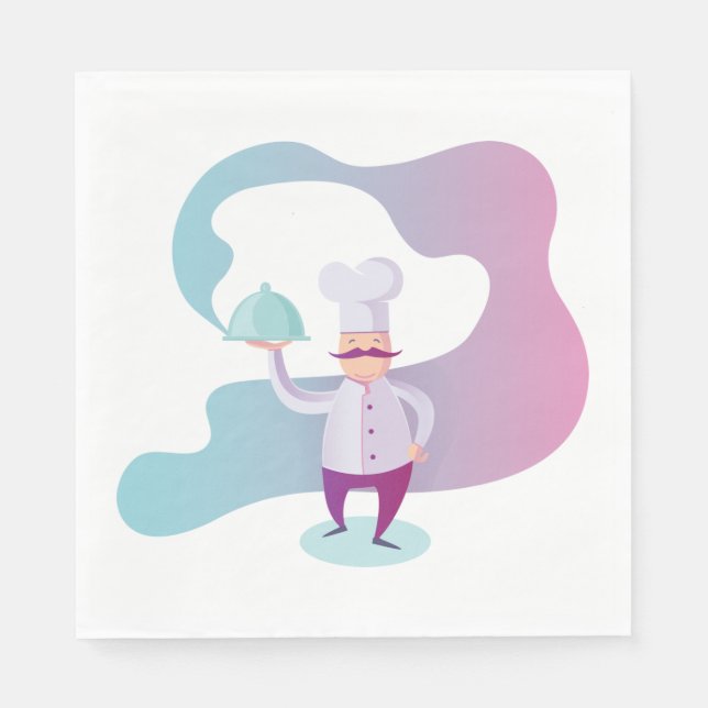 Smiling Chef with Mustache and Serving Tray  Napkins (Front)