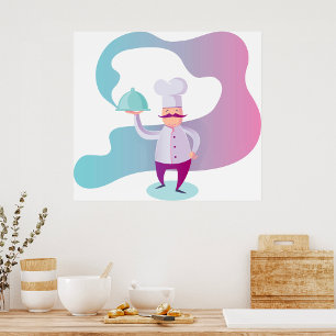Smiling Chef with Mustache and Serving Tray Poster