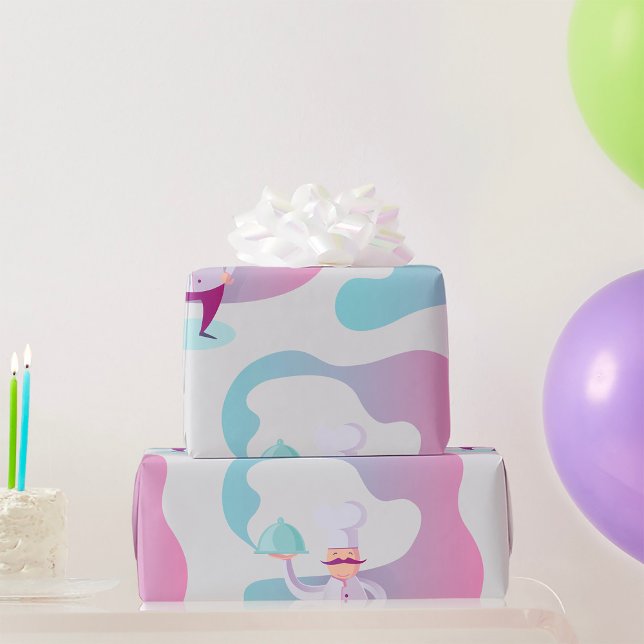 Smiling Chef with Mustache and Serving Tray  Wrapping Paper (Creator Uploaded)