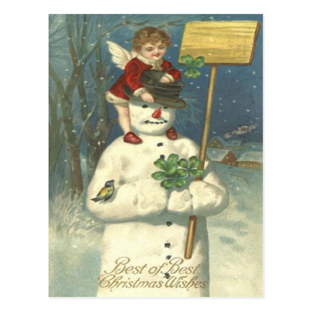 Smiling Cherub Snowman Shamrock Songbird Postcard