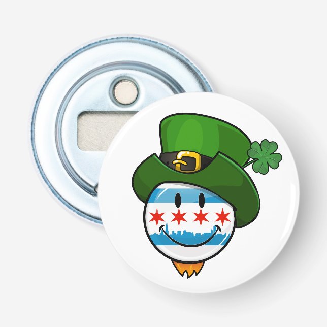 Smiling Chicago Flag with St. Patrick's Day Hat Bottle Opener (Front)