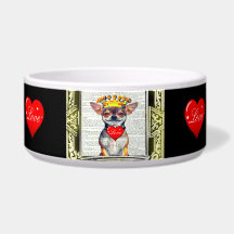 SMILING CHIHUAHUA WITH RED HEARTS DOG DISH/BOWL