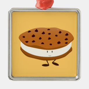 Smiling chocolate chip cookie sandwich metal ornament