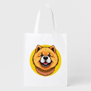 Smiling Chow Chow Dog Face and Golden Chain Grocery Bag