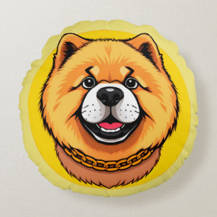 Smiling Chow Chow Dog Face and Golden Chain Round Pillow