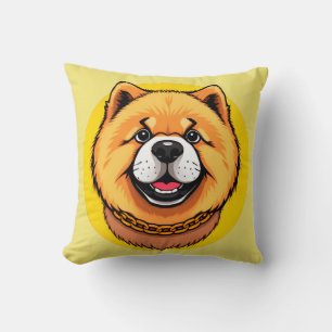 Smiling Chow Chow Dog Face and Golden Chain Throw Pillow