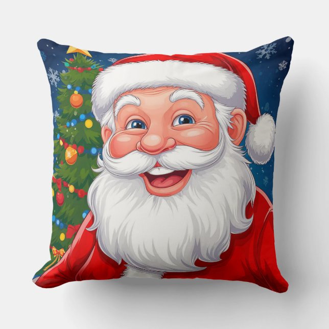 Smiling Christmas Santa Claus in Red Hat Throw Pillow (Front)
