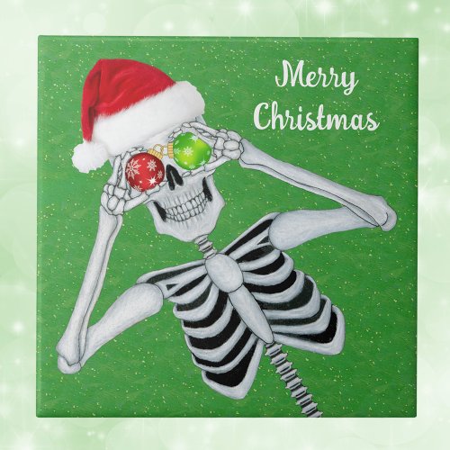 Smiling Christmas Skeleton Ornament Eyes Green Ceramic Tile