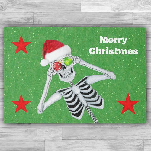 Smiling Christmas Skeleton Ornament Eyes Red Stars Rug