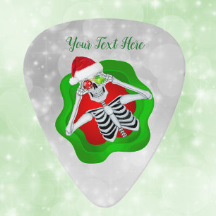 Smiling Christmas Skeleton Santa Hat Green Red Guitar Pick