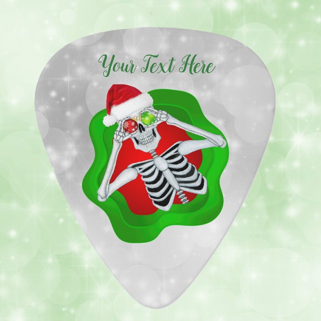 Smiling Christmas Skeleton Santa Hat Green Red  Guitar Pick (Christmas skeleton ornament eyes Santa Hat in splatter shape on white guitar pick.)