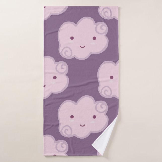 Smiling cloud sky seamless pattern on lilac backgr bath towel (Bath Towel)