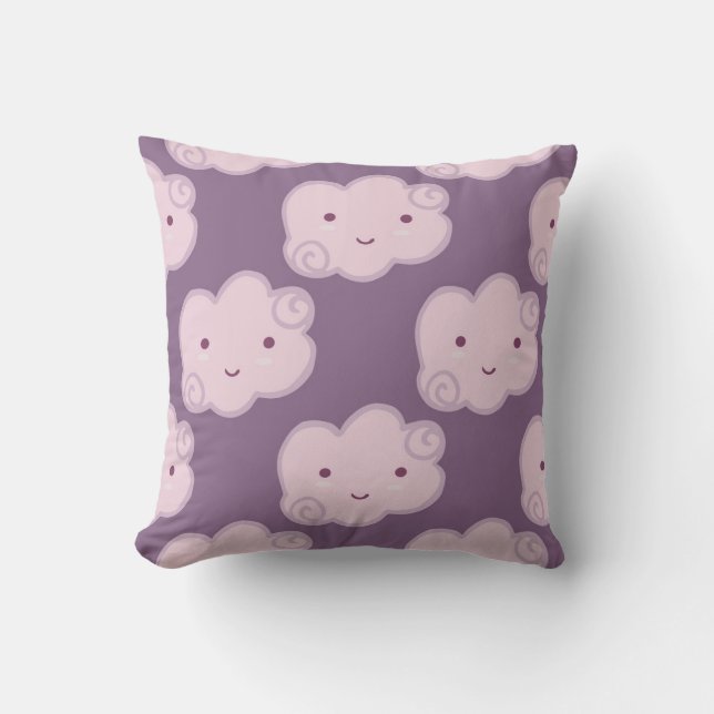 Smiling cloud sky seamless pattern on lilac backgr throw pillow (Front)