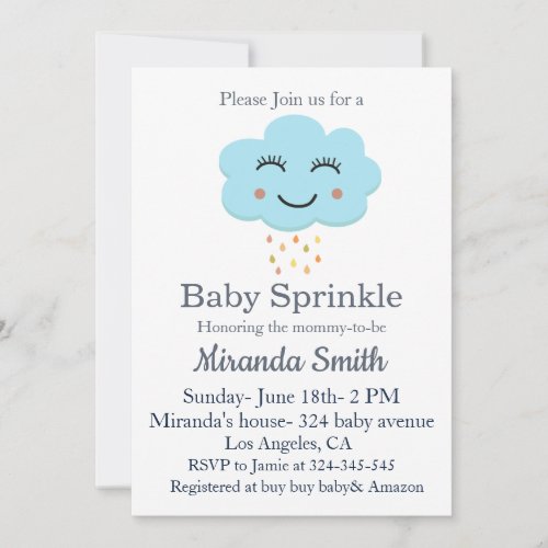 Smiling cloud with raindrops sprinkle baby shower invitation