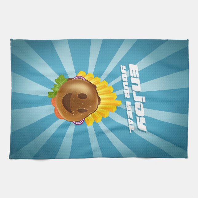 Smiling colorful burger pattern torchon kitchen towel (Horizontal)