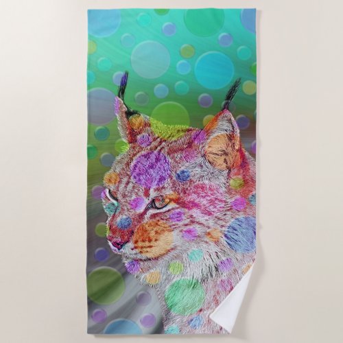 Smiling colorful lynx _ abstract beach towel