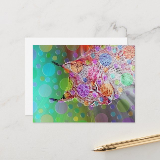 Smiling, colorful lynx - abstract postcard (Front/Back In Situ)