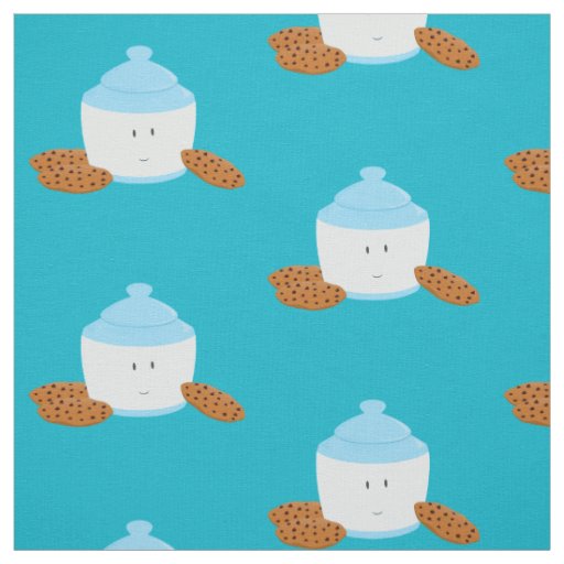 Smiling cookie jar with cookies around it fabric