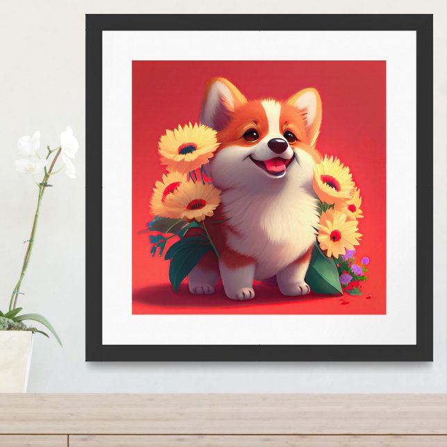 Smiling Corgi Dog with Flowers Framed Art (Entryway)