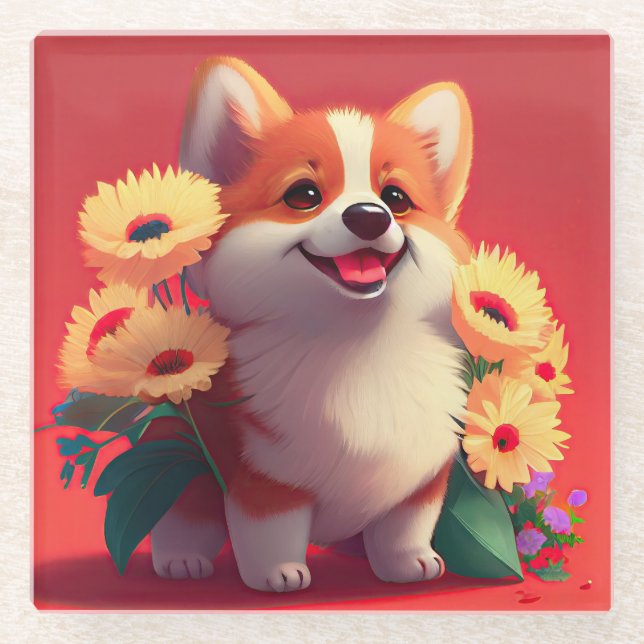 Smiling Corgi Dog with Flowers Glass Coaster (Front)