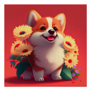 Smiling Corgi Dog with Flowers Poster