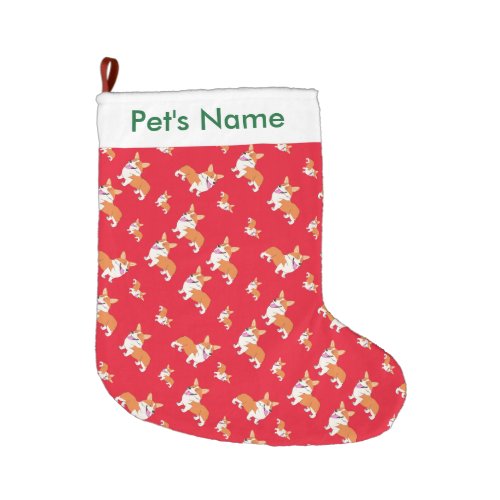 Smiling Corgi Holiday Print Large Christmas Stocking