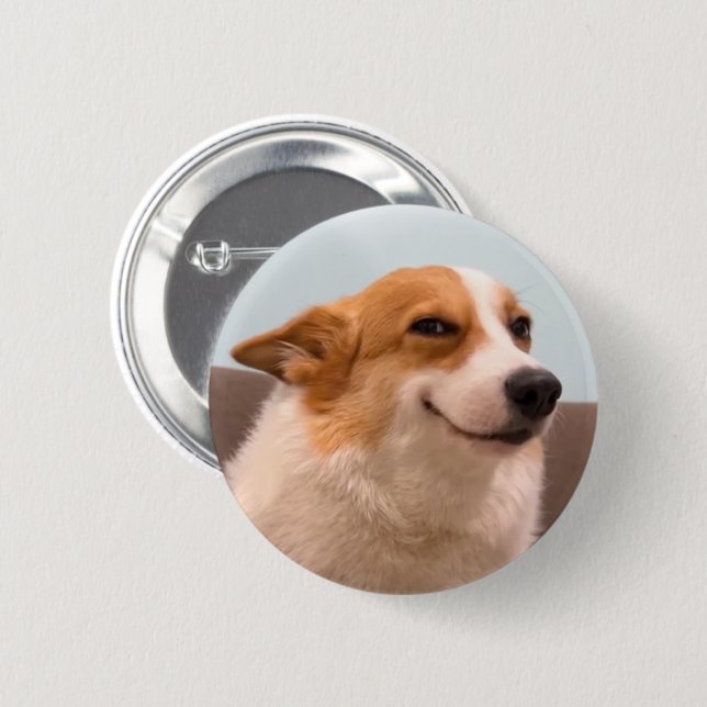 Smiling Corgi Meme Pin Button (Front & Back)