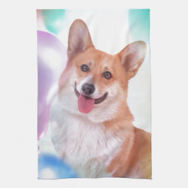 Smiling Corgi with Balloons Kitchen Towel (Vertical)