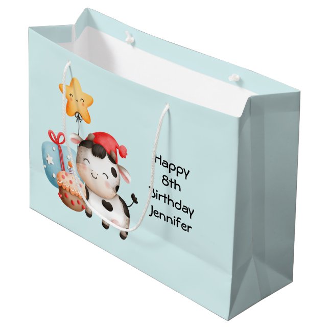 Smiling Cow Cute Adorable Birthday Large Gift Bag (Front Angled)