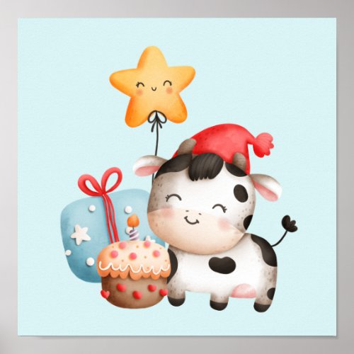 Smiling Cow Cute Adorable Birthday Poster