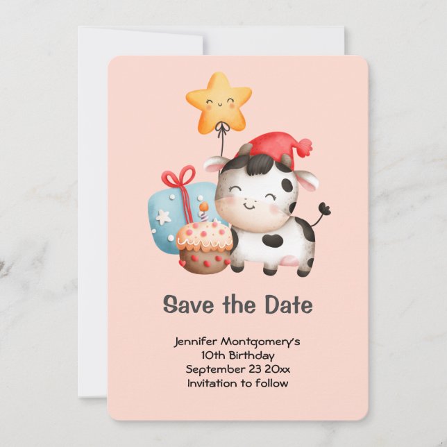 Smiling Cow Cute Adorable Birthday Save The Date (Front)