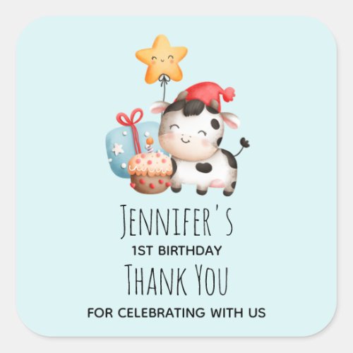 Smiling Cow Cute Adorable Birthday Thank You Square Sticker