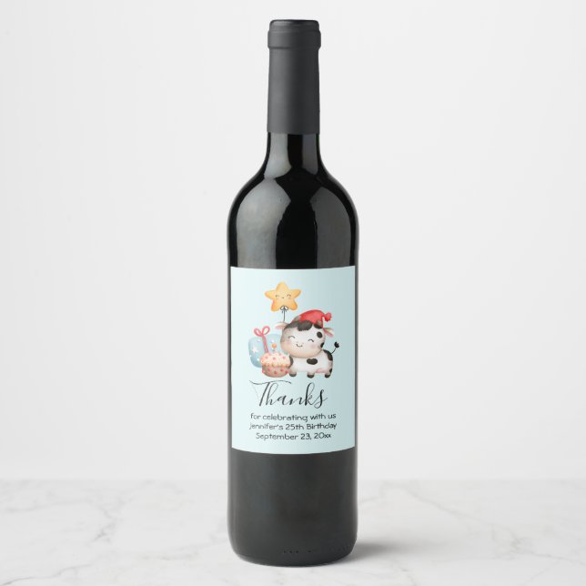 Smiling Cow Cute Adorable Birthday Wine Label (Front)