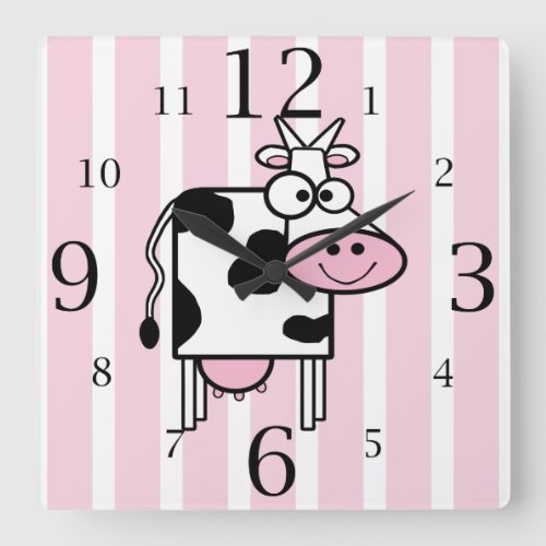 Smiling Cow Girly Animal Print Square Wall Clock