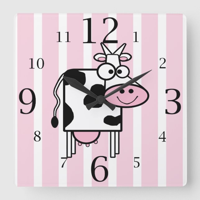 Smiling Cow Girly Animal Print Square Wall Clock (Front)