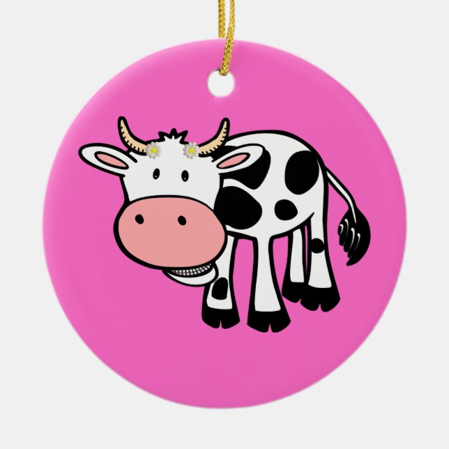 Smiling Cow with Daisies Ceramic Ornament (Front)