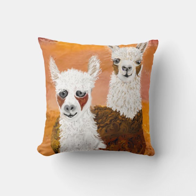 Smiling, Curious Llamas against Golden Sky Throw Pillow (Front)